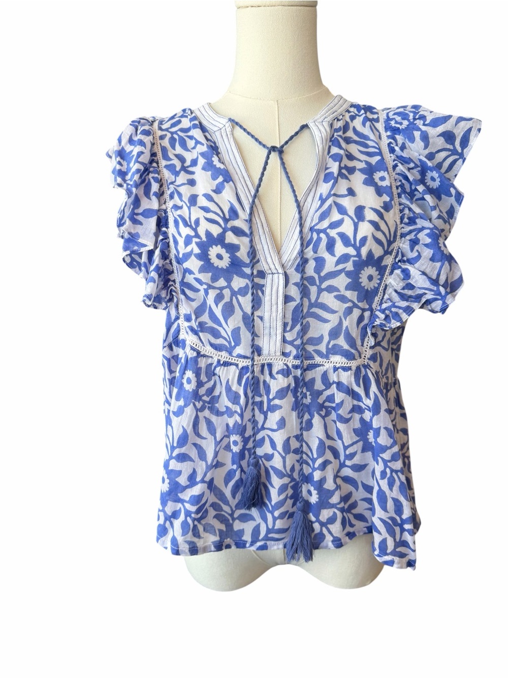 O_ Oliphant blue and white floral print cotton voile Flirty tie top